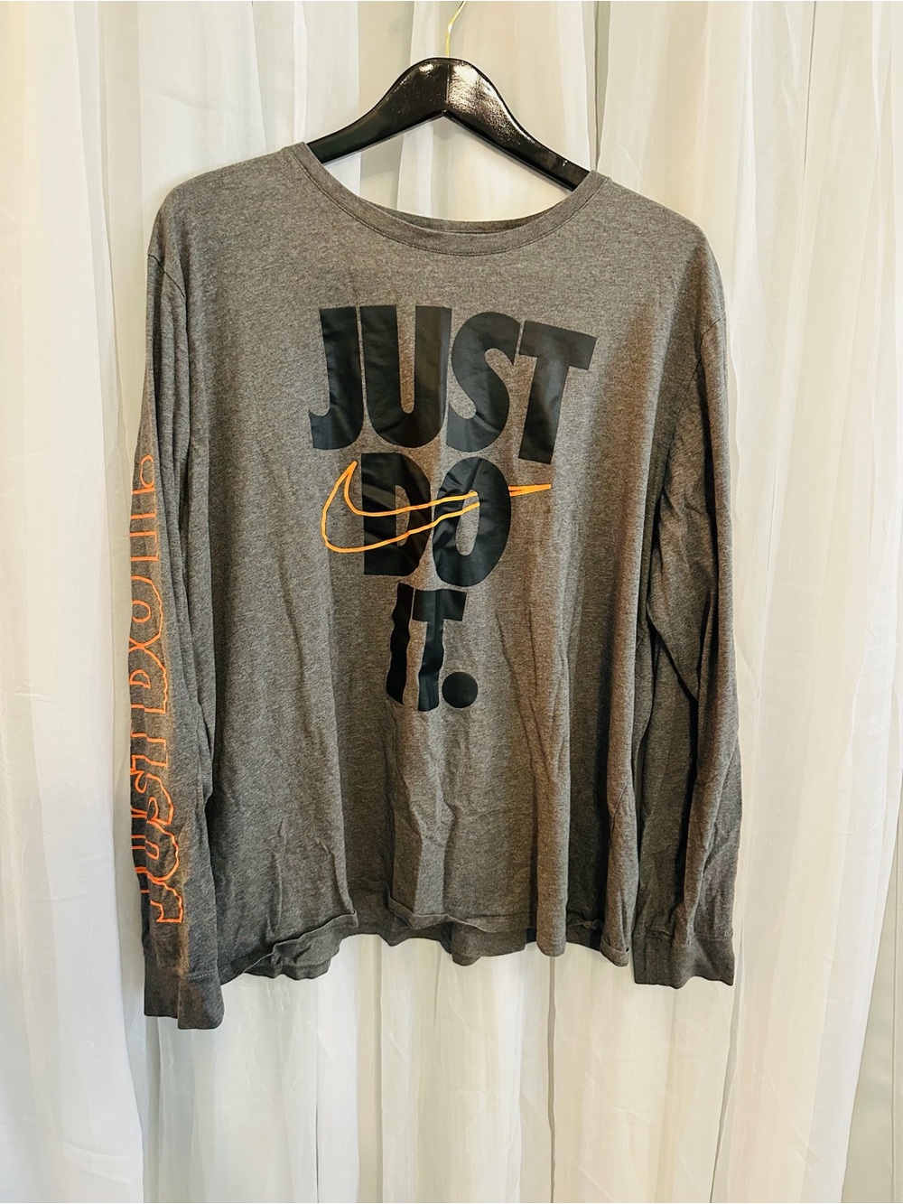 Nike Women’s Long Sleeve 'Just Do It' Graphic Tee - Gray with Orange Accents
